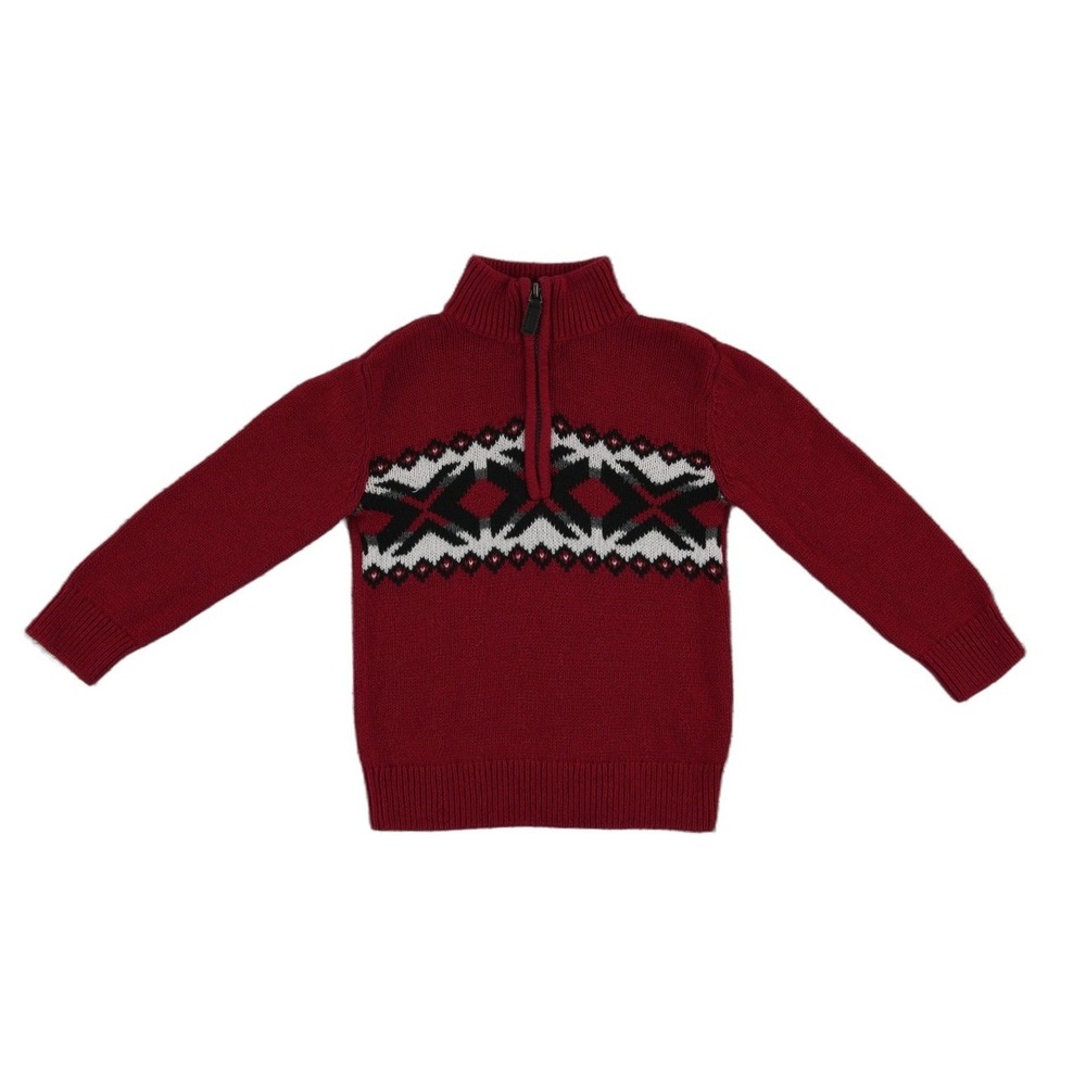 Chaps Boys Sweater Quarter Zip 100% Cotton Boys Size 5 Red Fair Isle Knit
